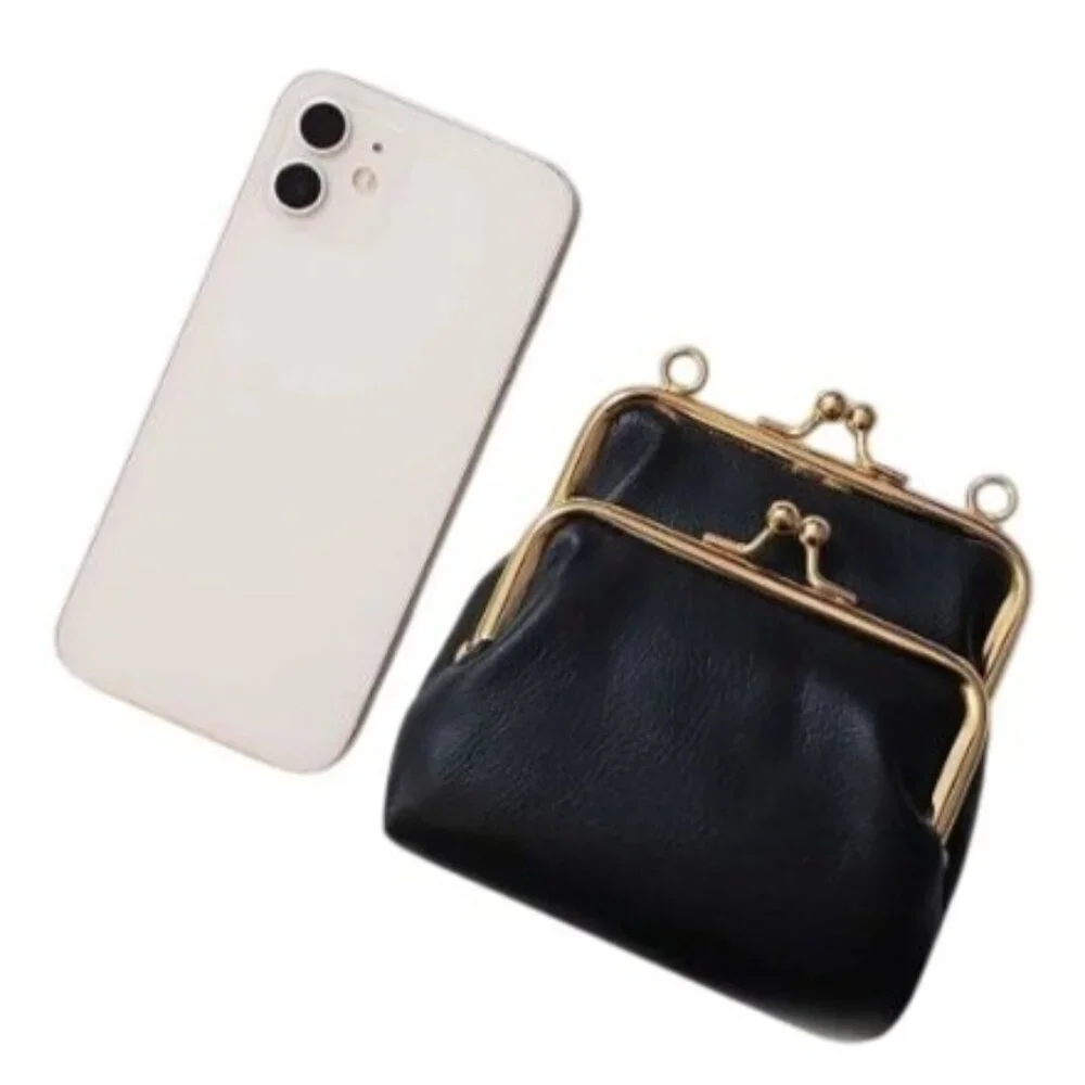 Double Kisslock Pearl crossbody strap vegan leather Black handbag